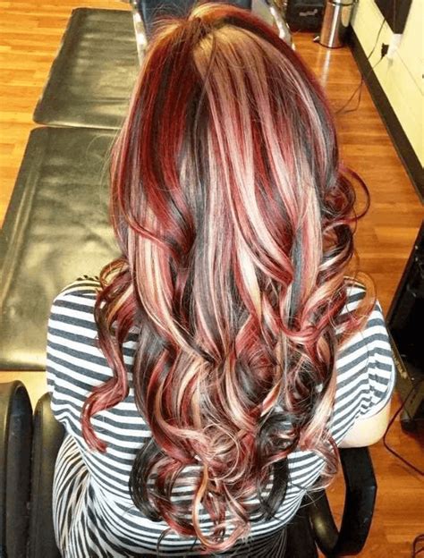 brown highlights in red hair|blonde brown and red highlights.